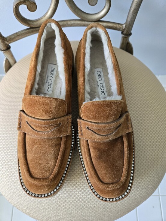 Jimmy Choo Shoes - Jimmy Choo Brown Suede Crystal Embellishments Loafers, Size 39.5